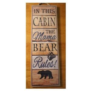 IN THIS CABIN MAMA BEAR RULES Lodge Sign Paw Print Camping Wood Plank Home Decor
